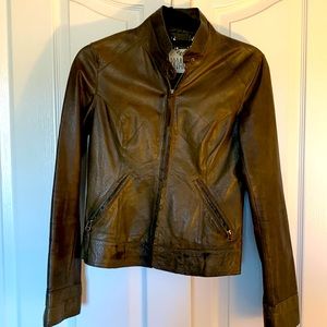 Dark olive BB Dakota leather motorcycle jacket.